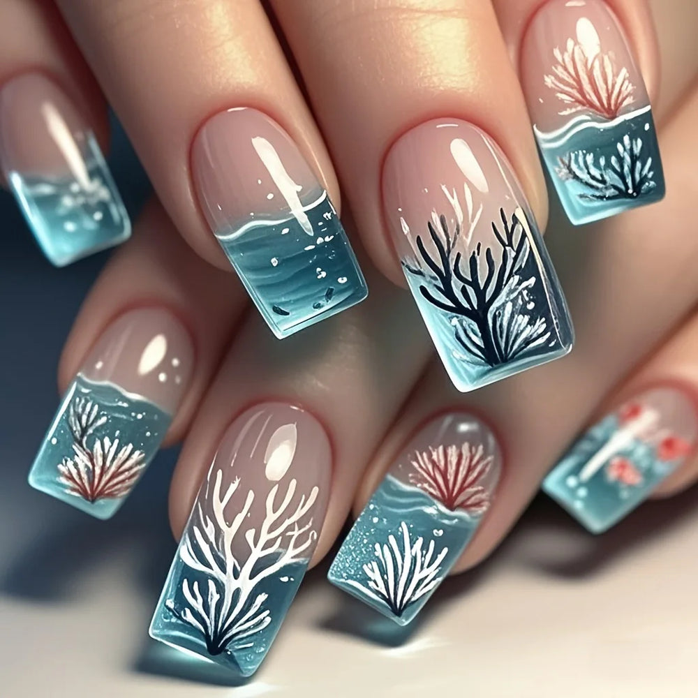 Blue Ocean Fish & Jellyfish Press-On Nails – Medium Long, 24 Pcs