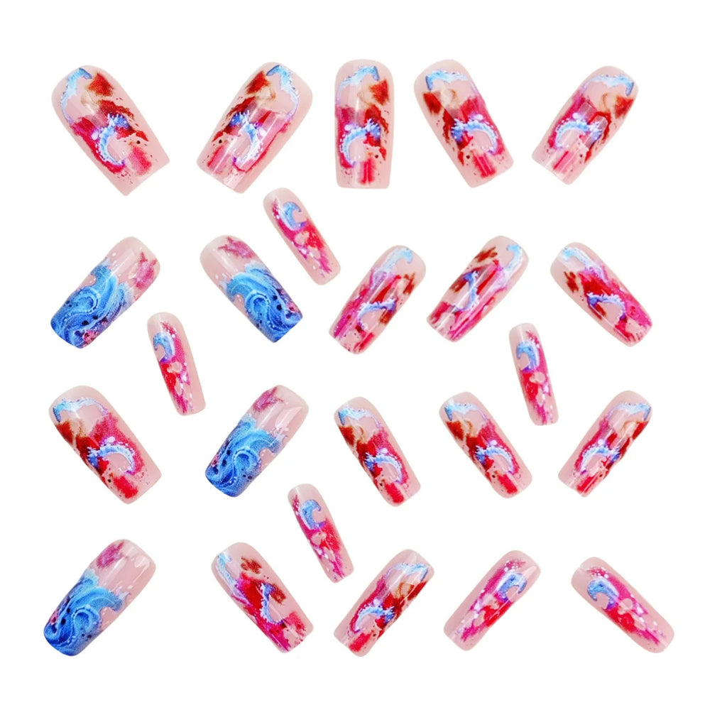 Medium fake nails for women gilrs Gradient pink blue colors wave sea print Square shape full cover reusable press on nails set