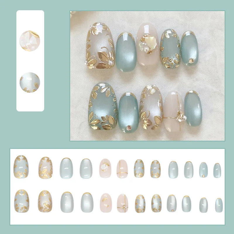 Short fake nails for women 3D golden gilding flowers nude blue cat eyes glossy Oval nail tips full cover press on false nail art