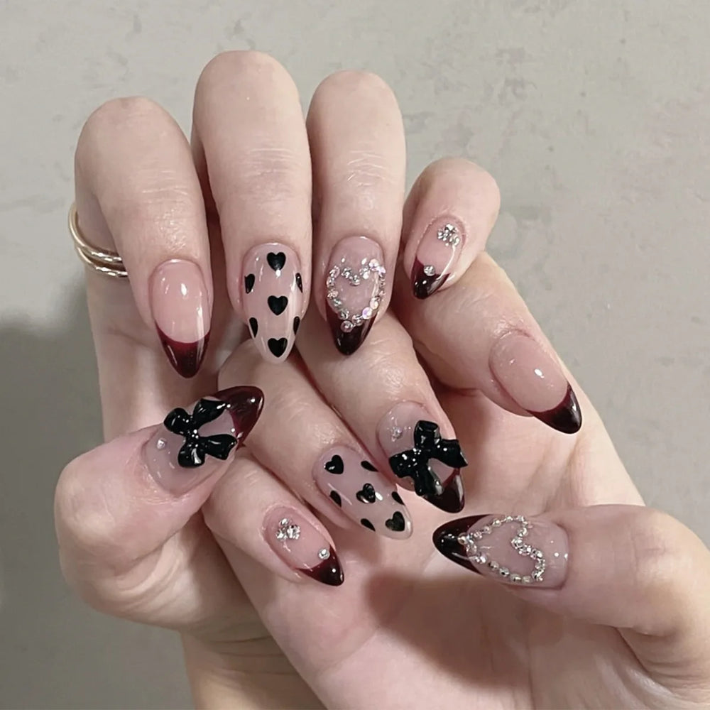 Light Coffee French Leopard & Bow Press-On Nails – Almond, 24 Pcs