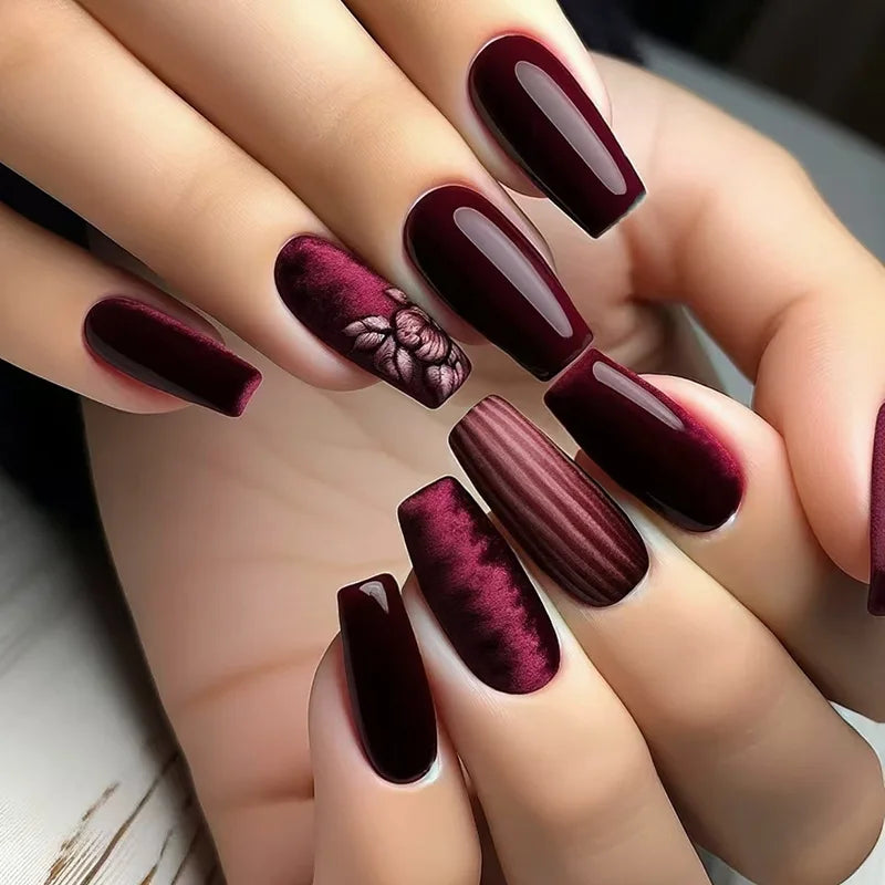 Medium fake nails for women girls dark red wine red glossy almond ballet nail tips with flowers design full cover press on nail