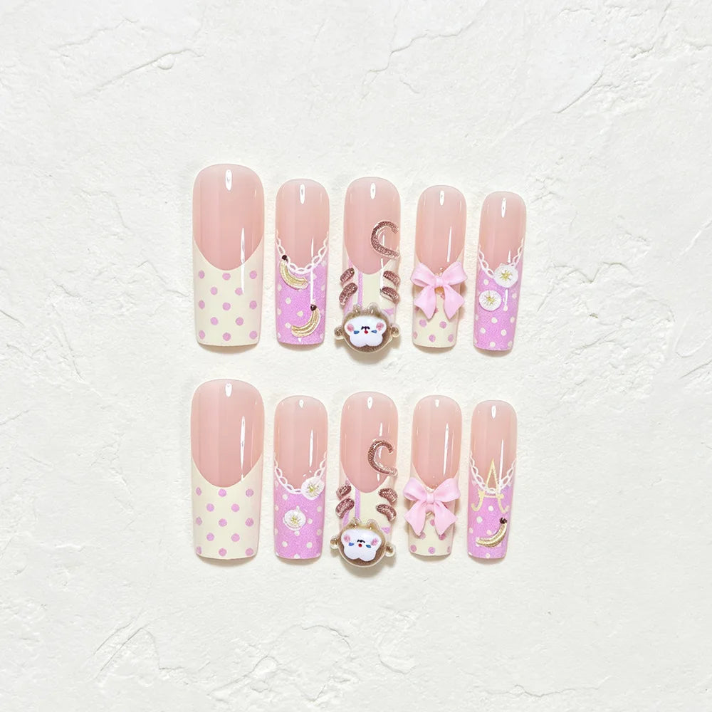 Pink & Yellow 3D Bow Monkey Banana Press-On Nails – Long Coffin, 24 Pcs