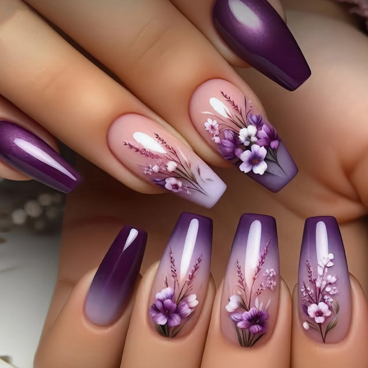 24pcs/set Short Square Ballet almond fake Nails tips Red Black Gold Purple Floral Geometric Pattern Press-On False Nails art set