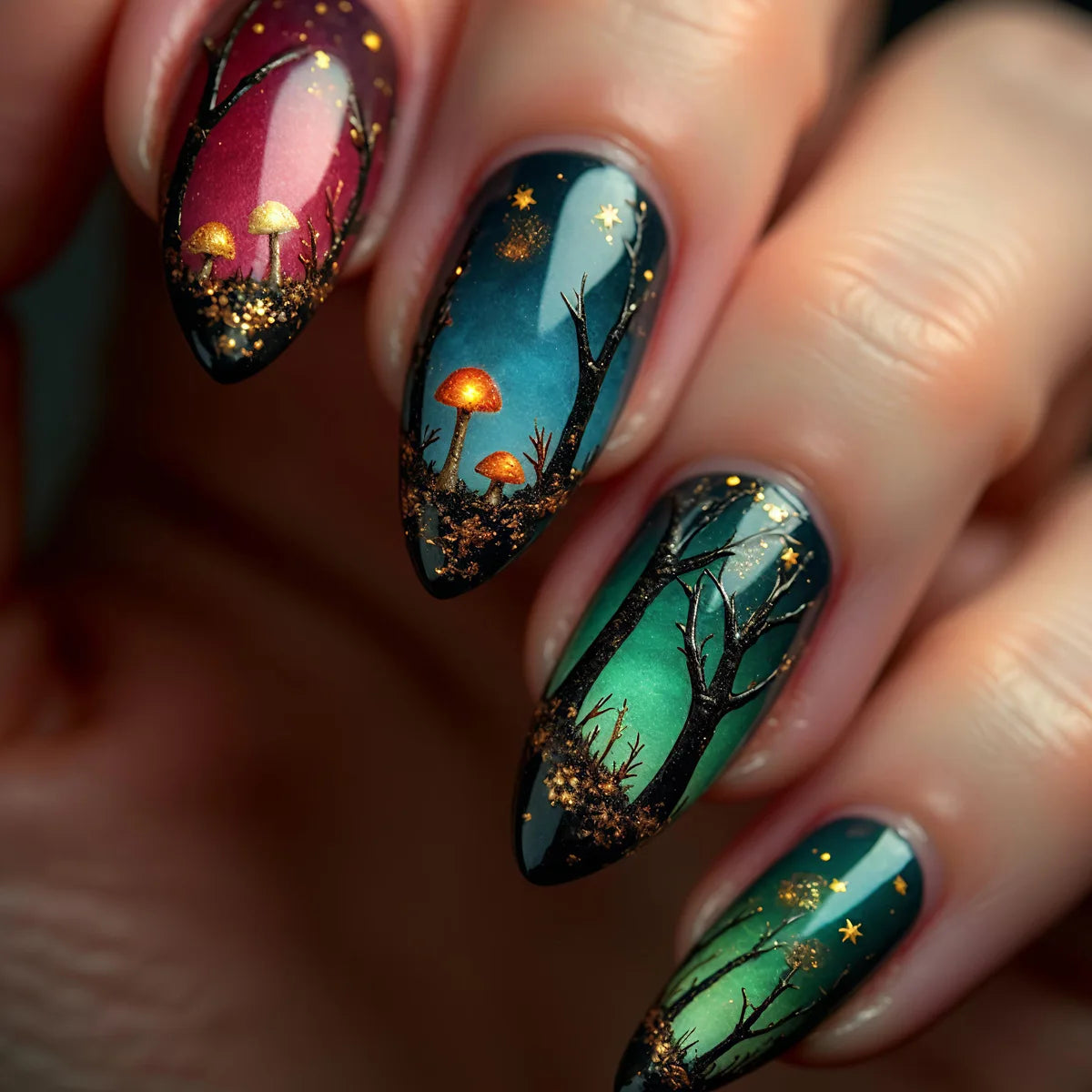 24pcs/sest Short Medium fake nails for women girls colorful flowers Mushroom beach for Summer Autumn Press on false nail tips