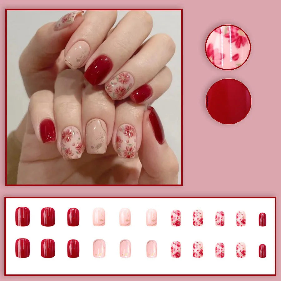 Short Medium fake nails for women Gradient pink red blue flowers sparkling Square nail tips full cover acrylic press on nails