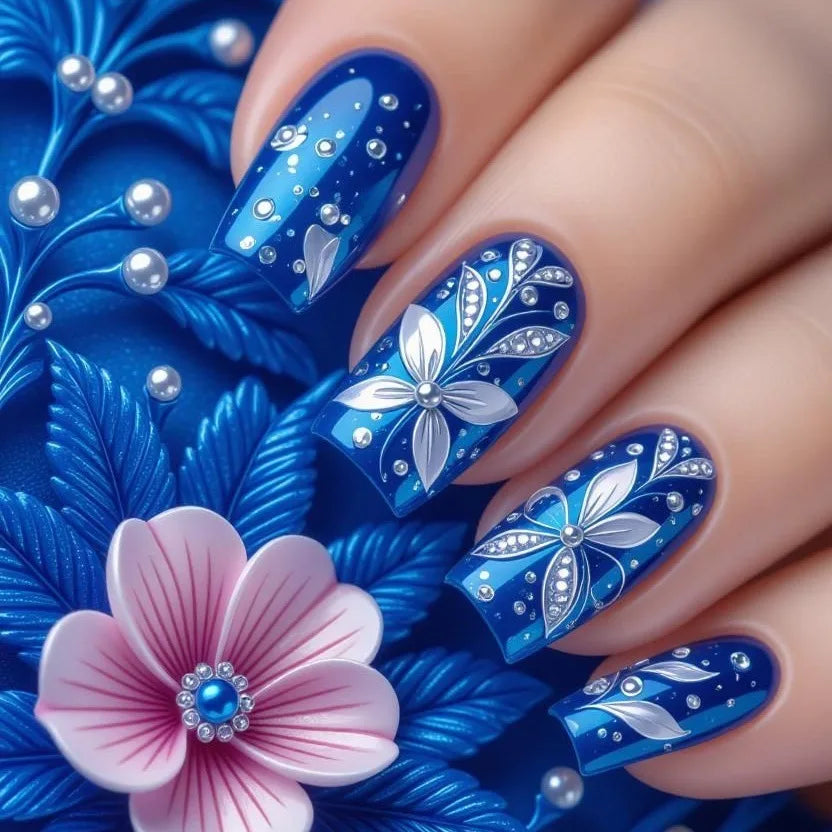 Ice Blue & Purple Floral Wave Ballet Press-On Nails – Medium Square, 24 Pcs