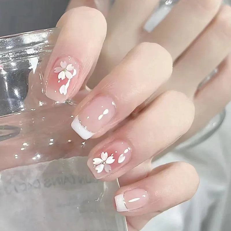 Short square fake nails for women gilrs Spring summer flowers white pink yellow colors full cover press on acrylic false nails