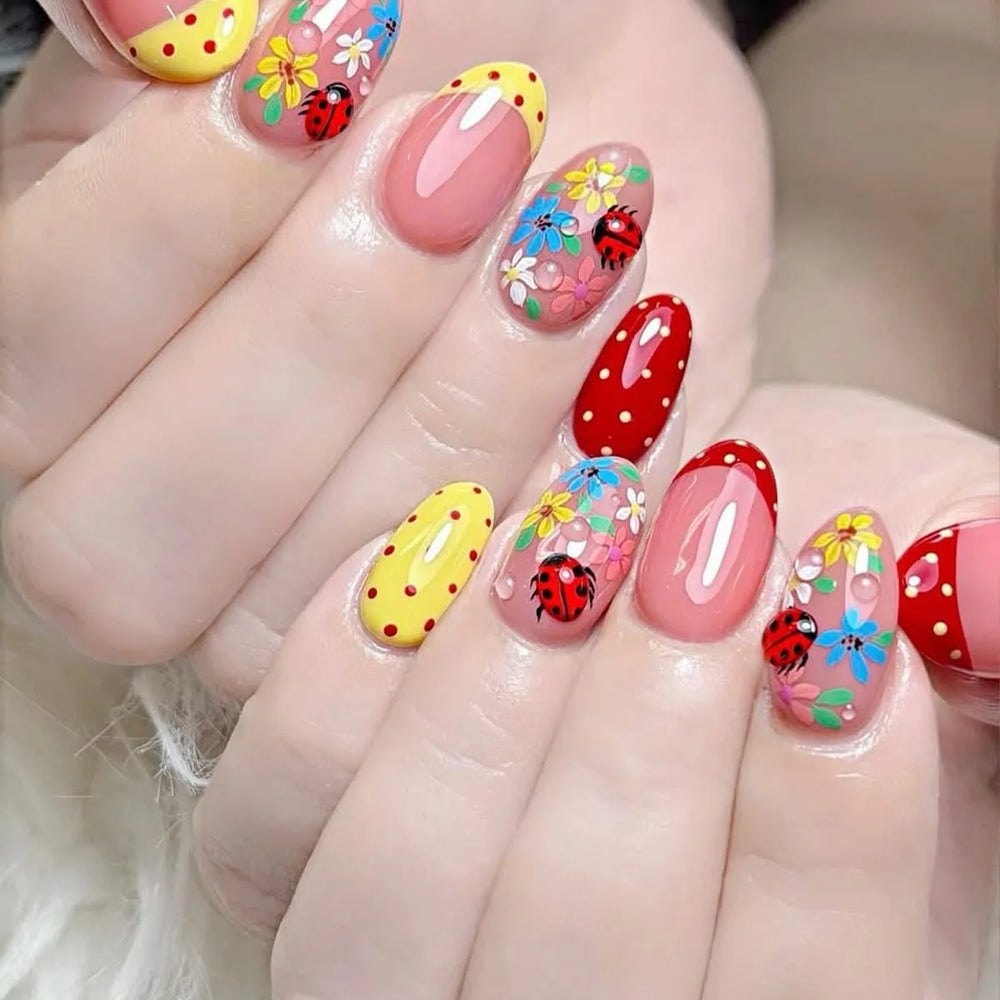 Cherry, Bee & Ladybug 3D Charm Press-On Nails – Almond, 24 Pcs