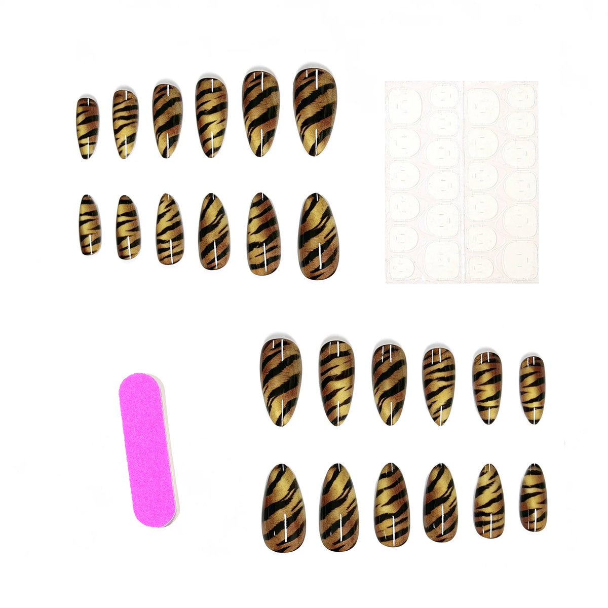 Medium fake nails for women Yellow black tiger strips printing glossy almond nail tips full cover press on false nail art set