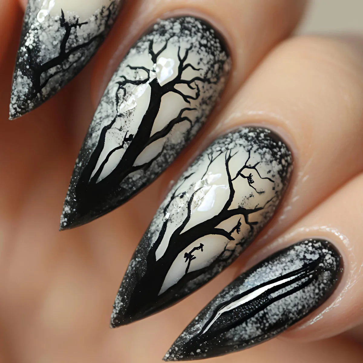24pcs/set Medium fake nails for women girls bat skull flowers pumpkin for Halloween Almond square tips press on false nail art