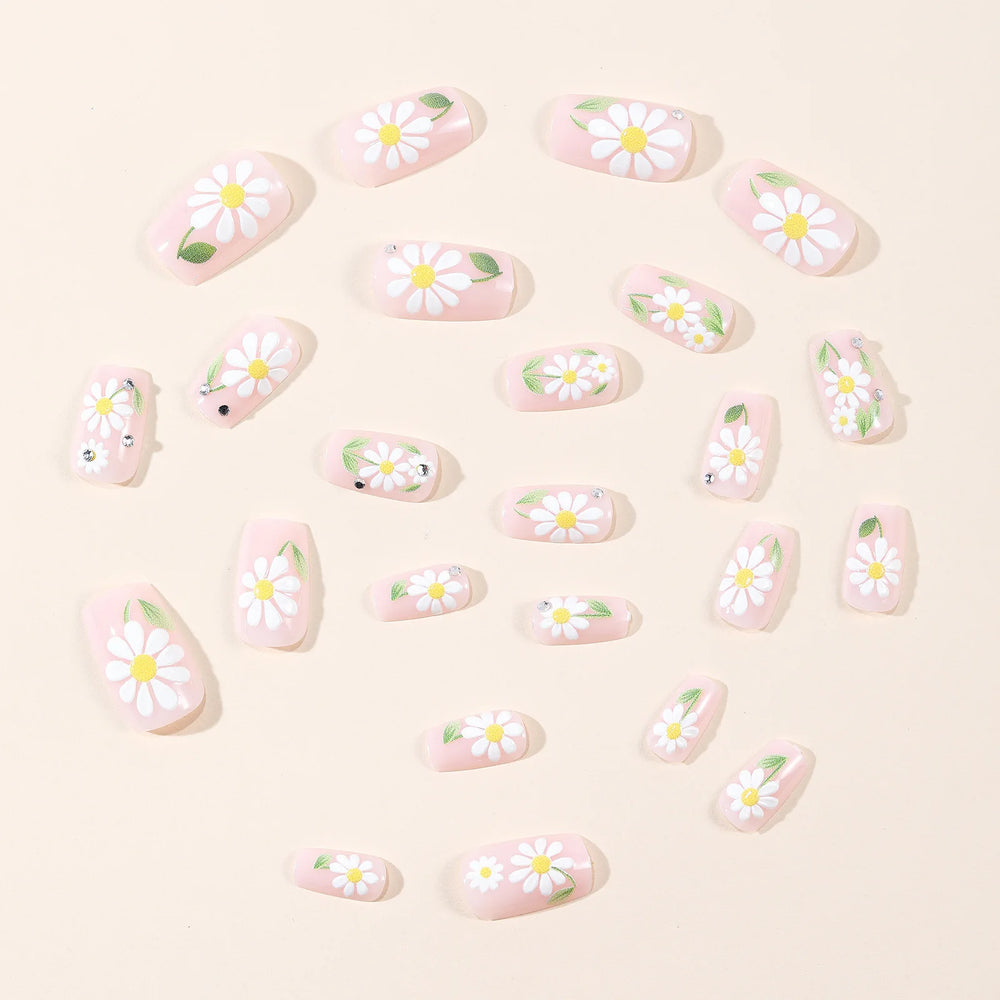 Spring Flower & Green Leaf Gold Crystal Press-On Nails – Short/Medium
