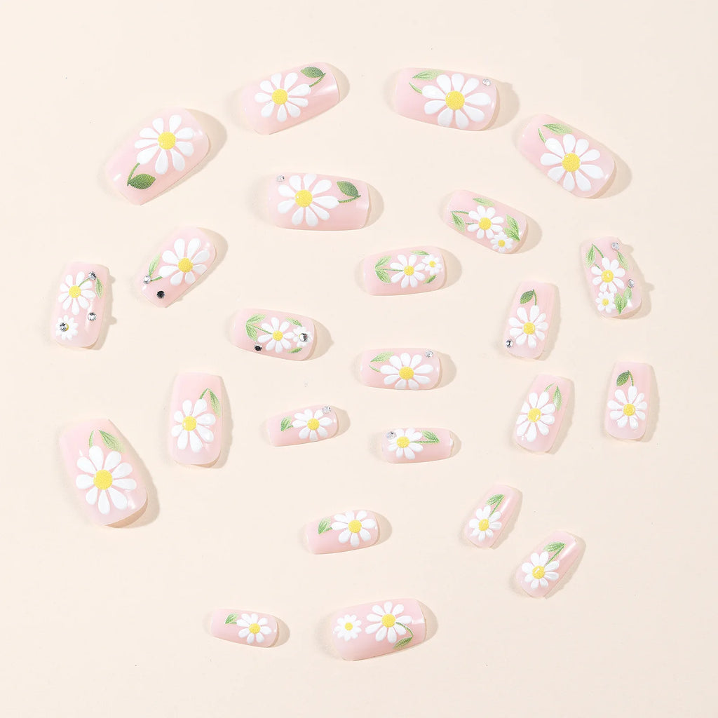 Short Medium fake nails for women girl Spring summer flowers with green leaf golden crystal rhinestones full cover press on nail