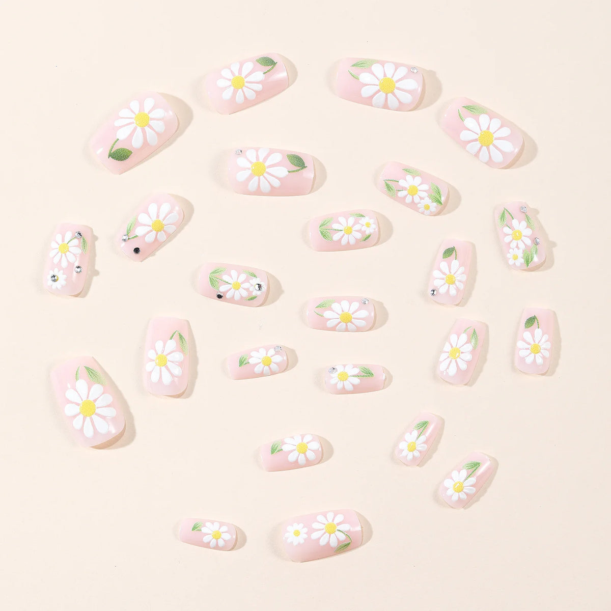 Short Medium fake nails for women girl Spring summer flowers with green leaf golden crystal rhinestones full cover press on nail