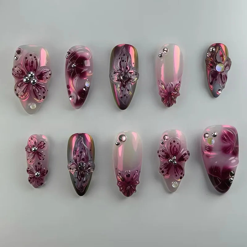 Gold Pink 3D Flower & Pearl Press-On Nails – Almond, 24 Pcs