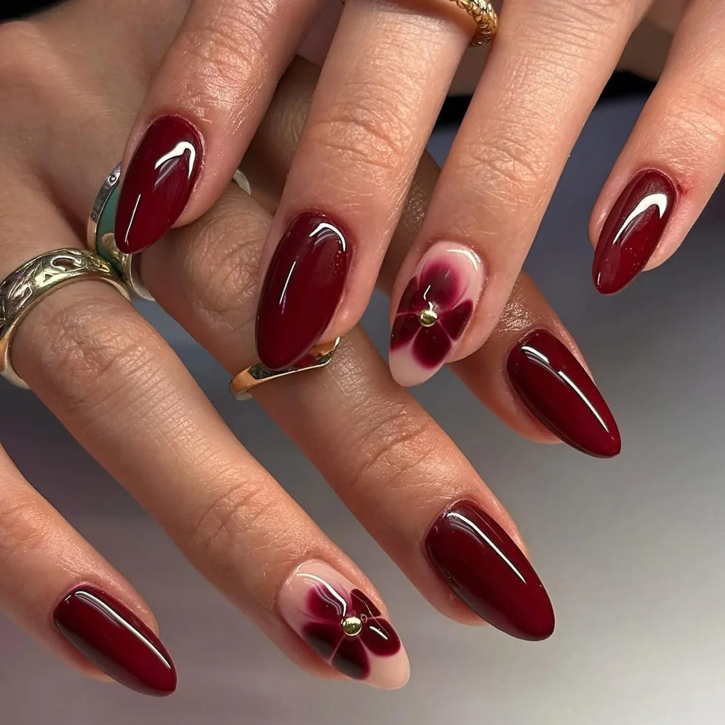 Medium fake nails for women girls dark red wine red glossy almond ballet nail tips with flowers design full cover press on nail