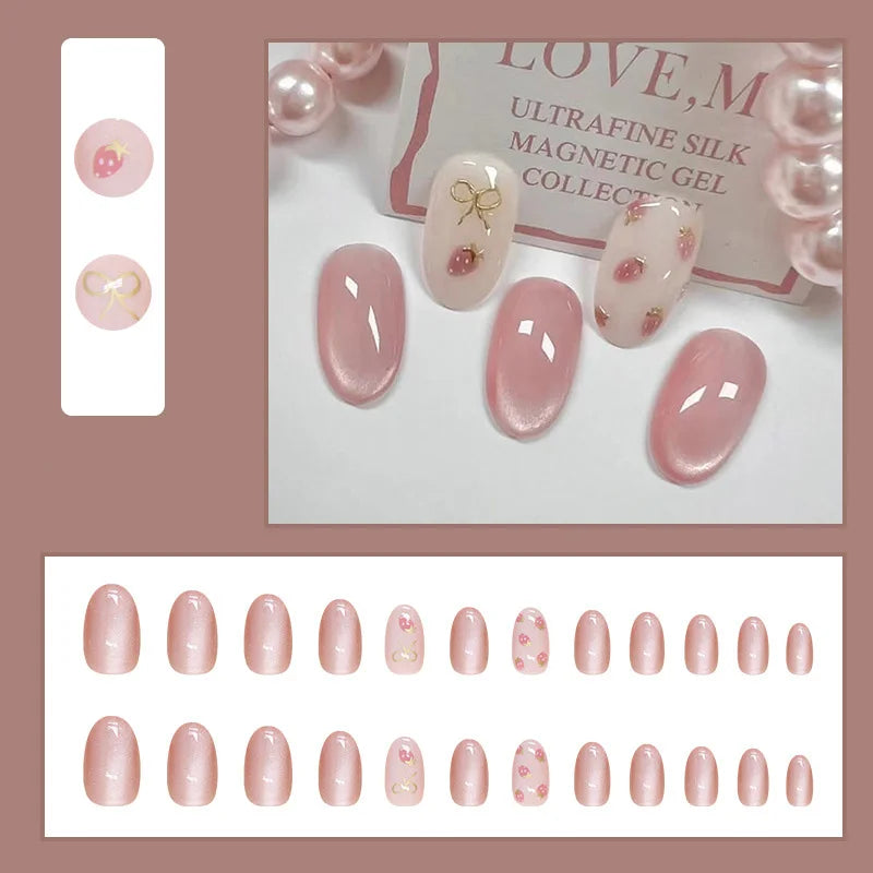 Short Medium fake nails for women gilrs light coffee nude pink glossy cat eyes Minimalist style Oval almond tips press on nails