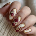 24pcs/set Medium long fake nail for Autumn Winter fashion maple leaves flowers brown green white pink tips press on false nail