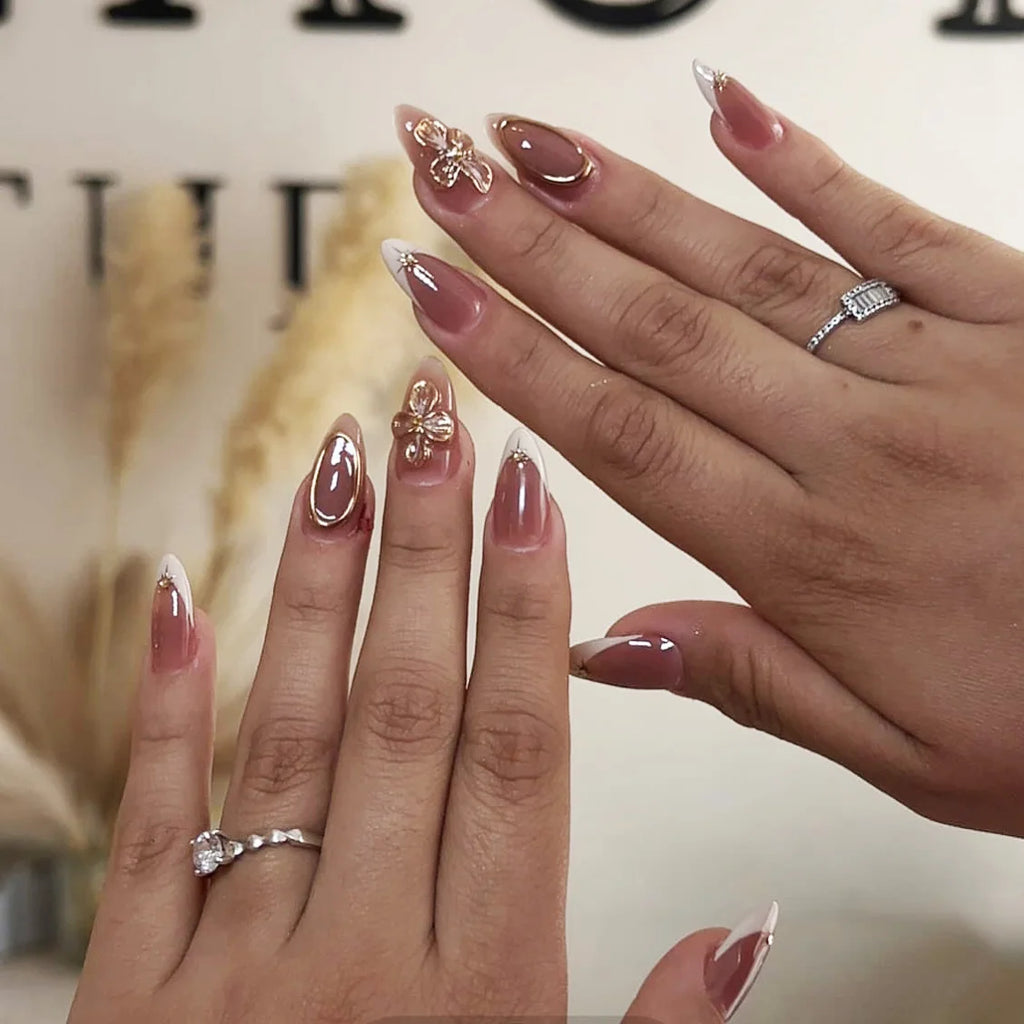 Medium fake nails for women girls 3D embossed flowers golden frame meal beads pink brown yellow almond square tips press on nail
