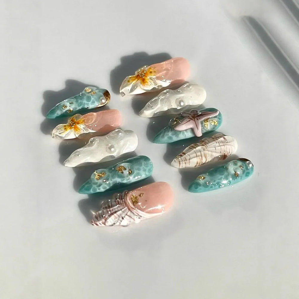 Water Ripple Starfish Handmade Press-On Nails – Almond, 10 Pcs