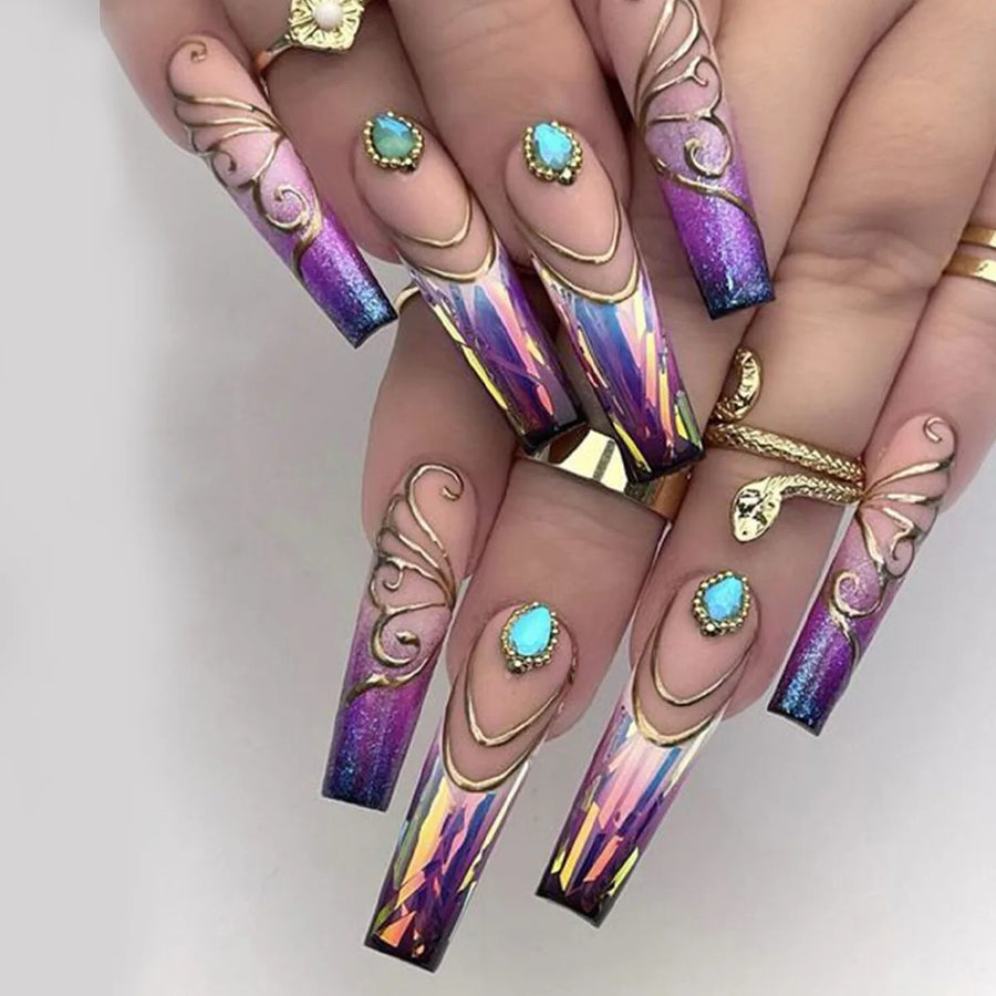 Purple or Green Gradient Mermaid & Butterfly Flower Press-On Nails – Medium Long