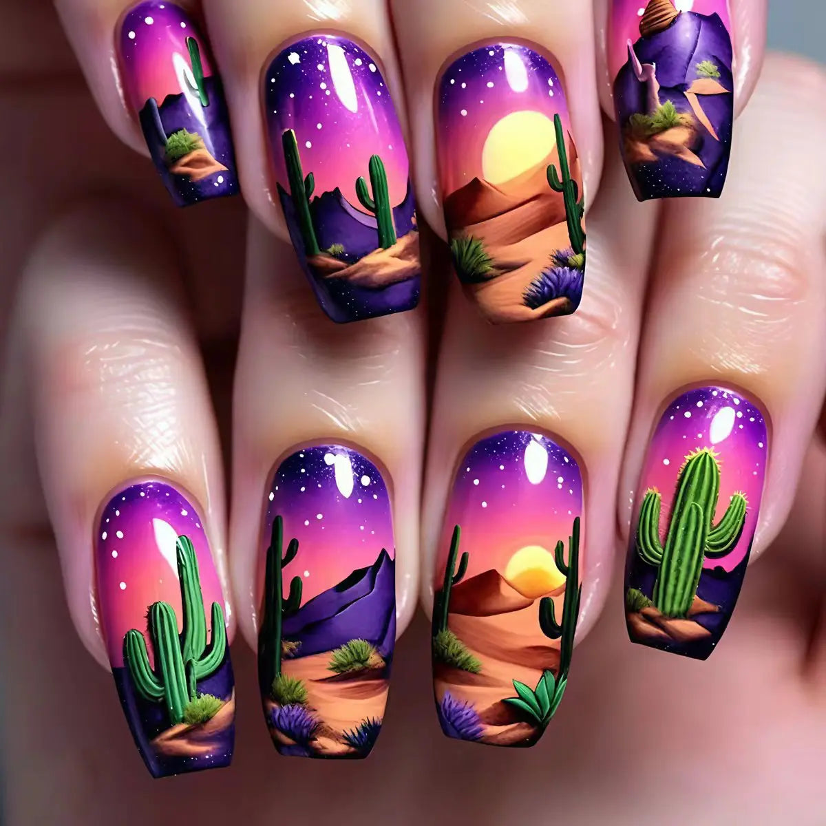 Short Medium fake nails for women girls Gradient purple pink blue flame Desert Sunset Cactus Y2K Square tips press on false nail