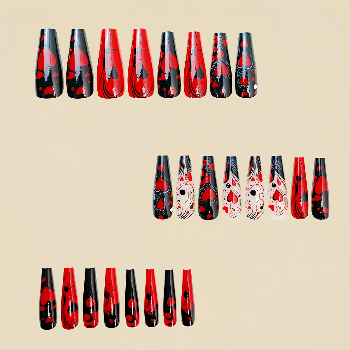 24pcs Long fake nails for women Y2K gradient blue pink flowers cloud red black heart design full cover acrylic press on nails