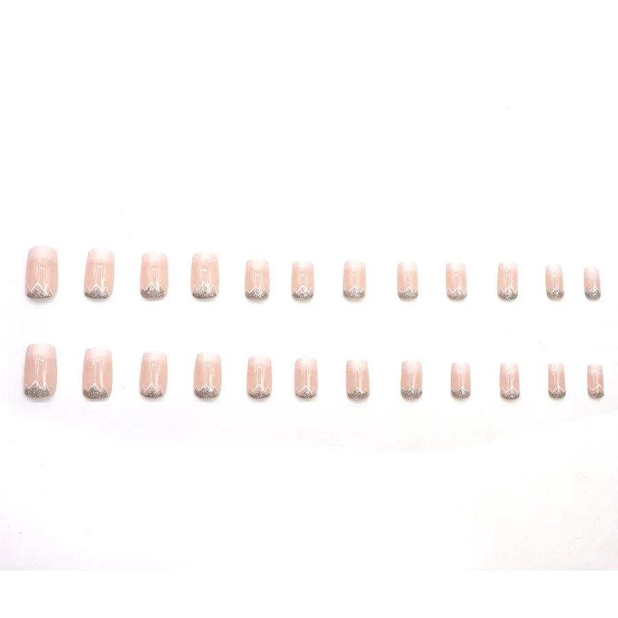 Gradient nude pink fake nails for women Square shape nail tips with silver glitters full cover press on Artificial Nails set