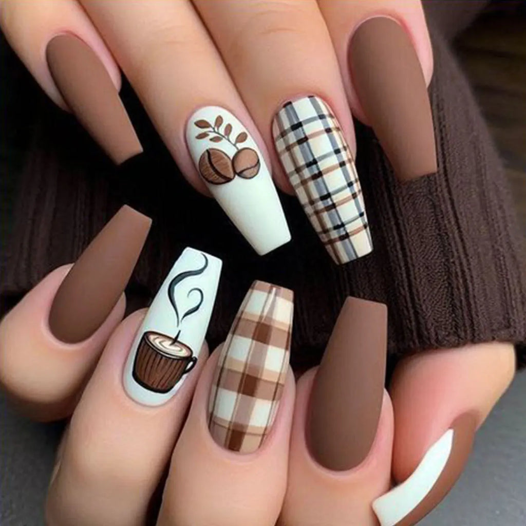 Short Medium fake nail for women brown coffee colors matte grid or glossy flowers design full cover reusable press on false nail