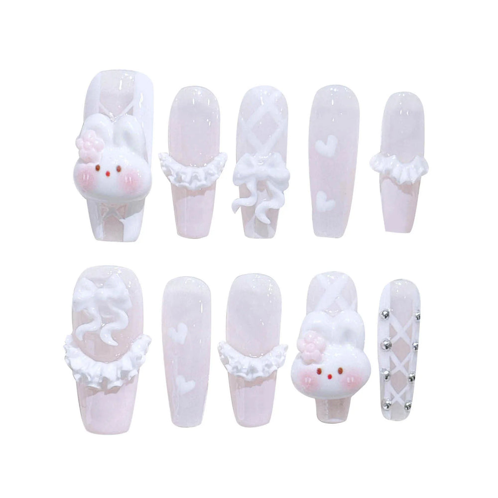 Light Pink French 3D Rabbit Handmade Press-On Nails – Long Coffin, 10 Pcs