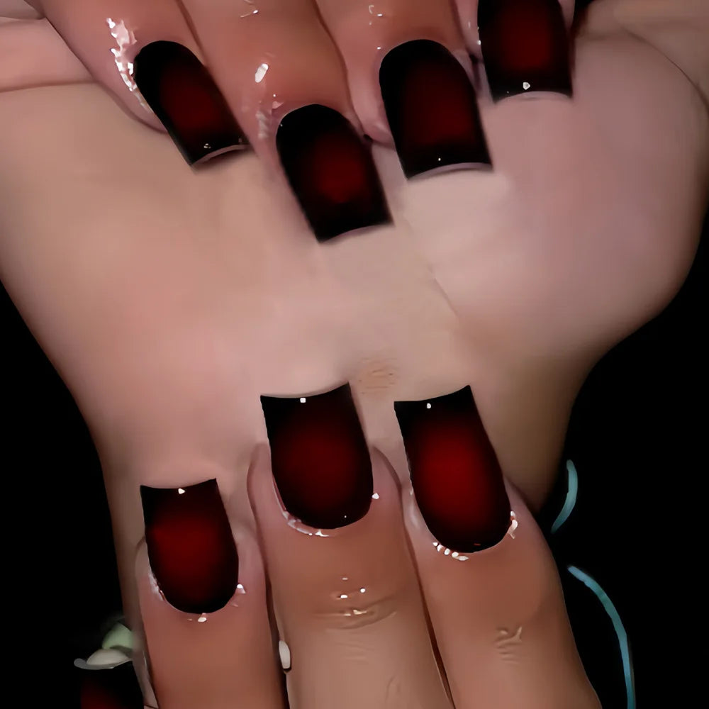 Short Square fake nails for women gradient black red rose pink blush french style full cover press on acrylic false nail art