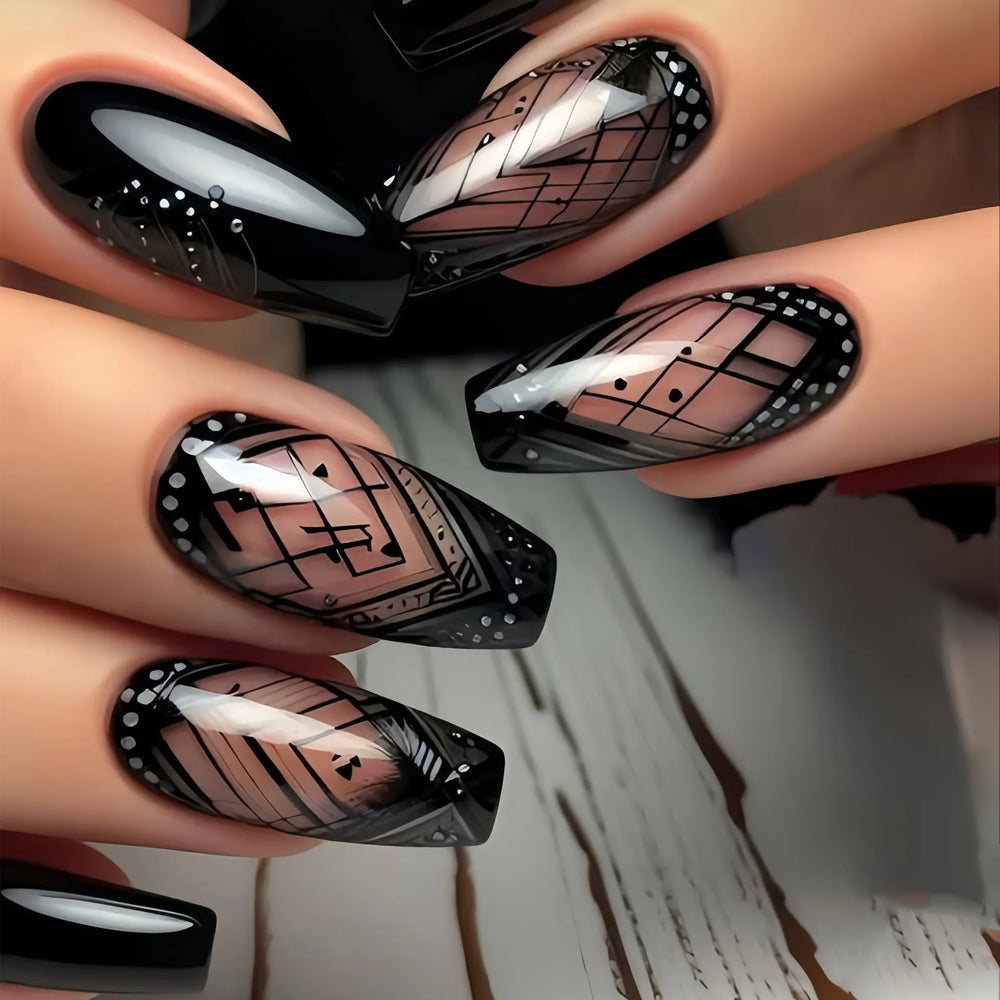 Red Black Gold Purple Floral Geometric Ballet Press-On Nails – Short Square Almond, 24 Pcs