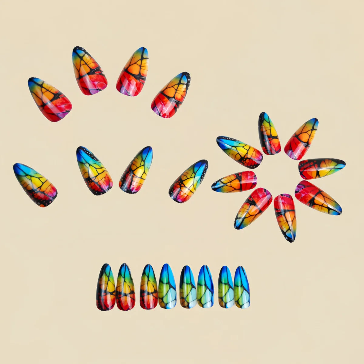 Medium fake nails for women gradient Blue purple orange Peacock Feathers Striped Clouds design Square almond tips press on nails