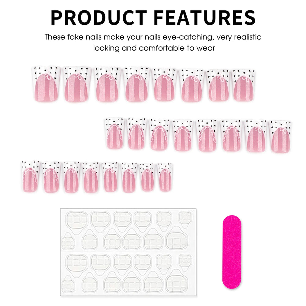 White French Black Polka Dot Lace Press-On Nails – Duckbill, 24 Pcs