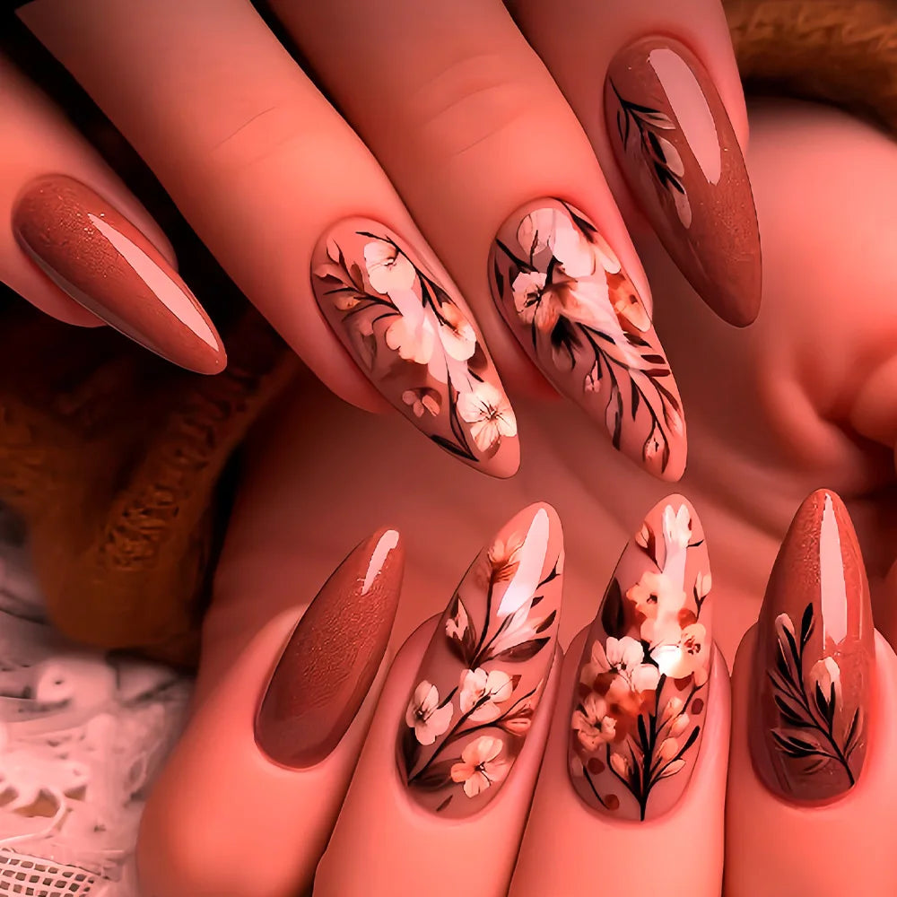 Autumn Maple Leaf Press-On Nails – Brown Green Pink, Medium Long, 24 Pcs