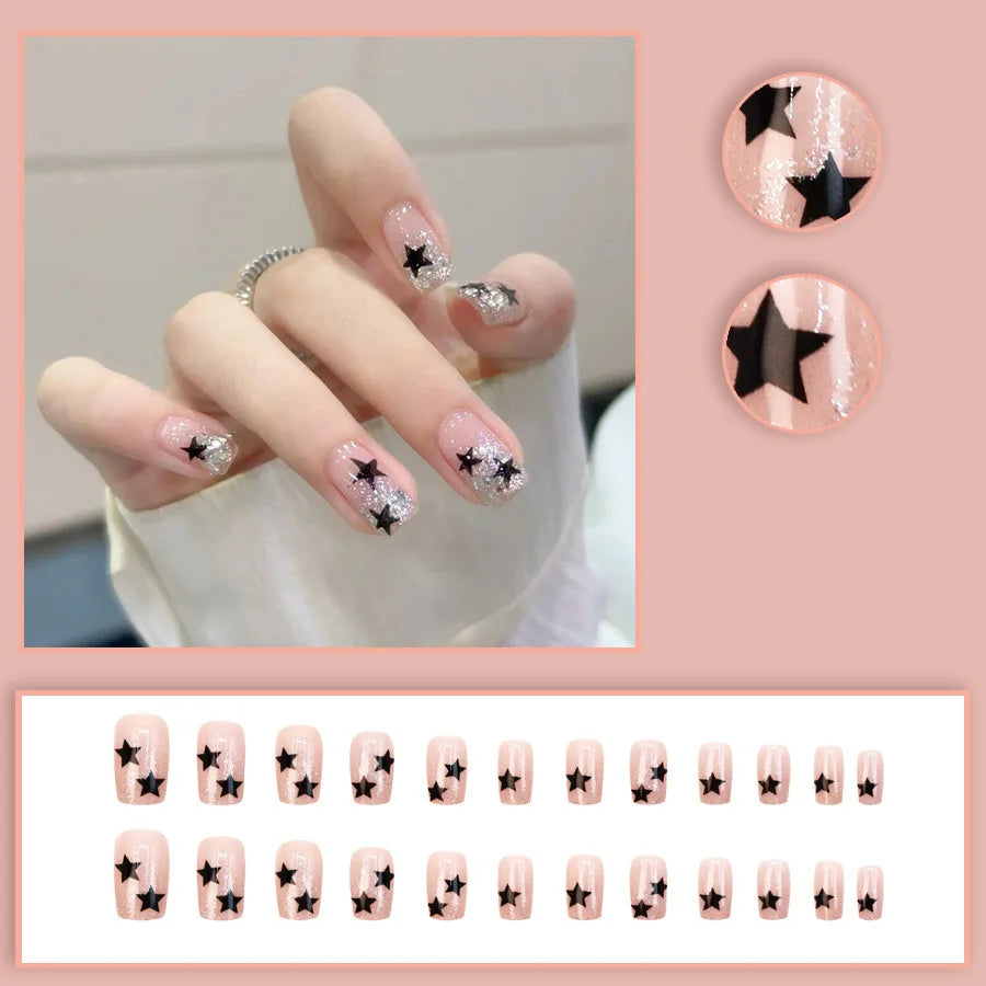 Short fake nails for women dark blue or nude nail tips with starry star design square shape full cover press on false nail set