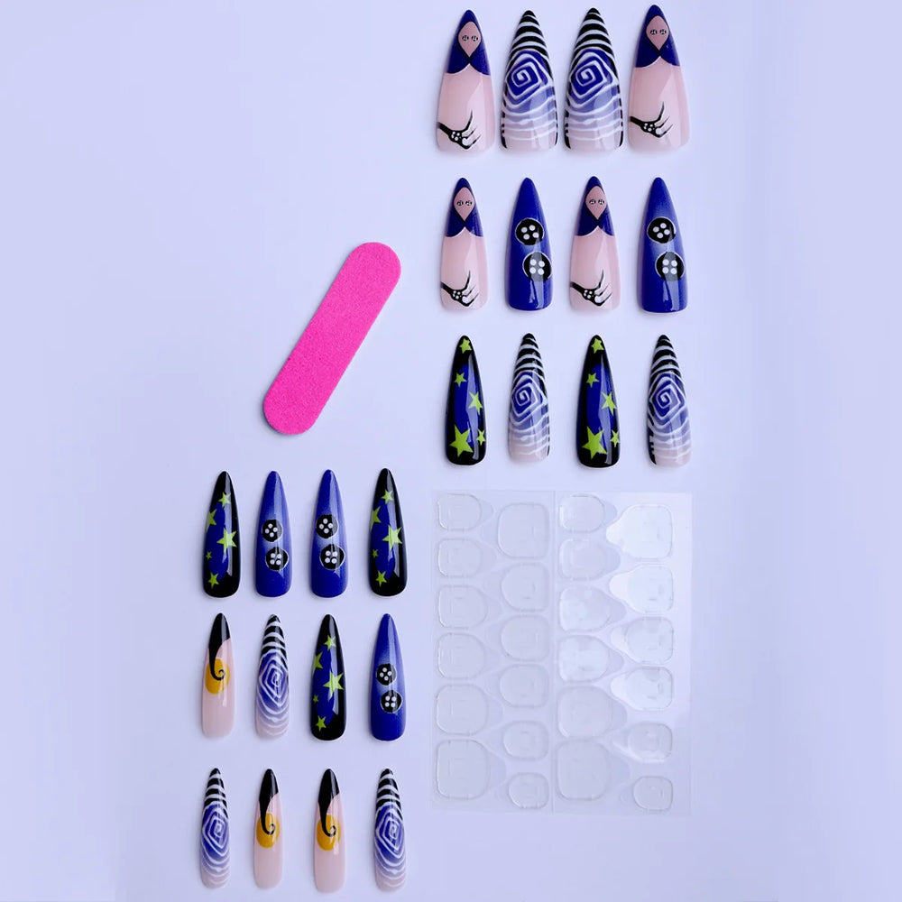 Halloween Spiral Star & Pumpkin Press-On Nails – Almond, 24 Pcs
