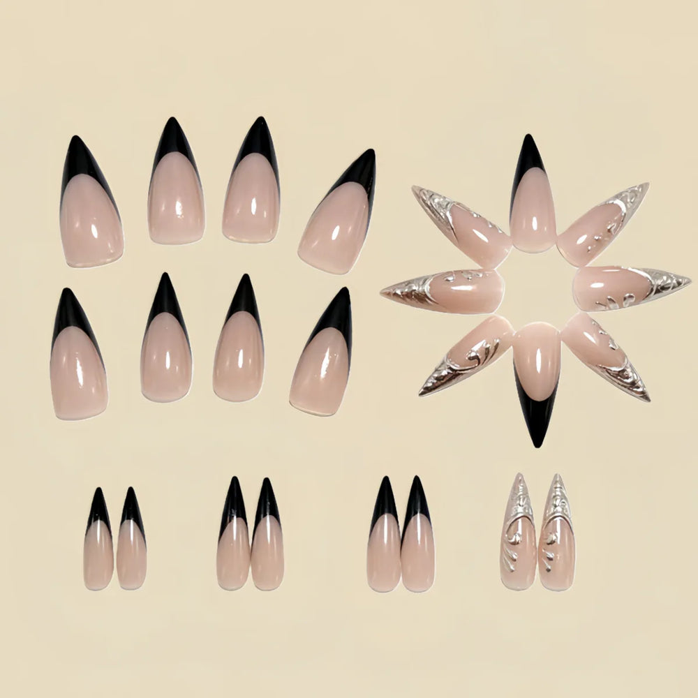 Gold & Silver Gilded Frame Nude French Almond Press-On Nails – Medium Long, 24 Pcs