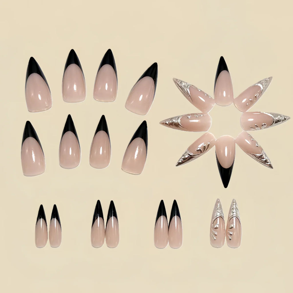 Medium long fake nails for women girls golden silver gilding frame nude french almond nail tips press on false nail art set