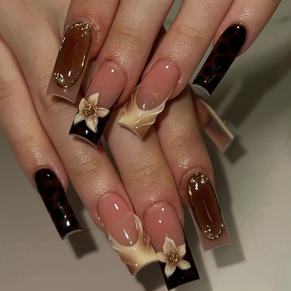 3D Embossed Flower Gold Frame Bead Press-On Nails – Pink Brown Yellow, Almond Square