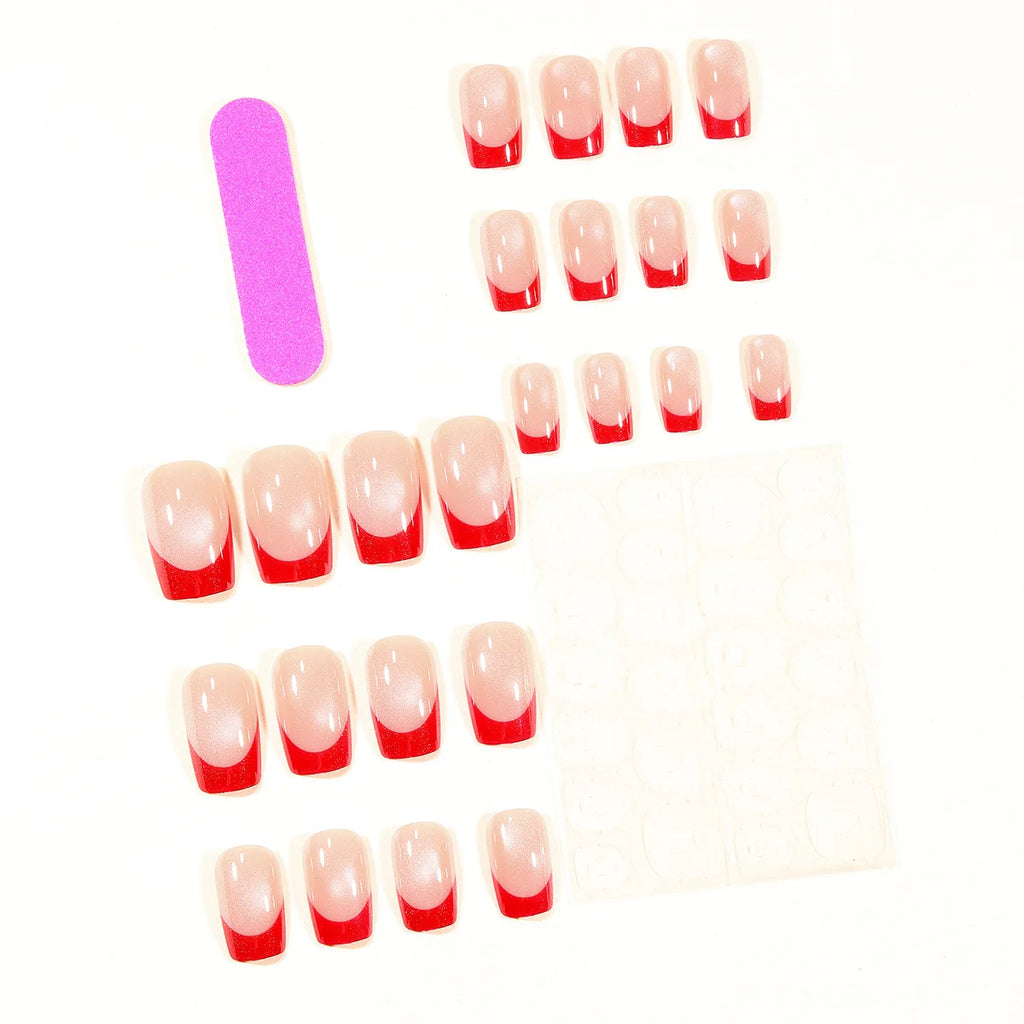 Medium fake nails for women Nude red square nail tips french style glossy cat eyes full cover press on false nail art set