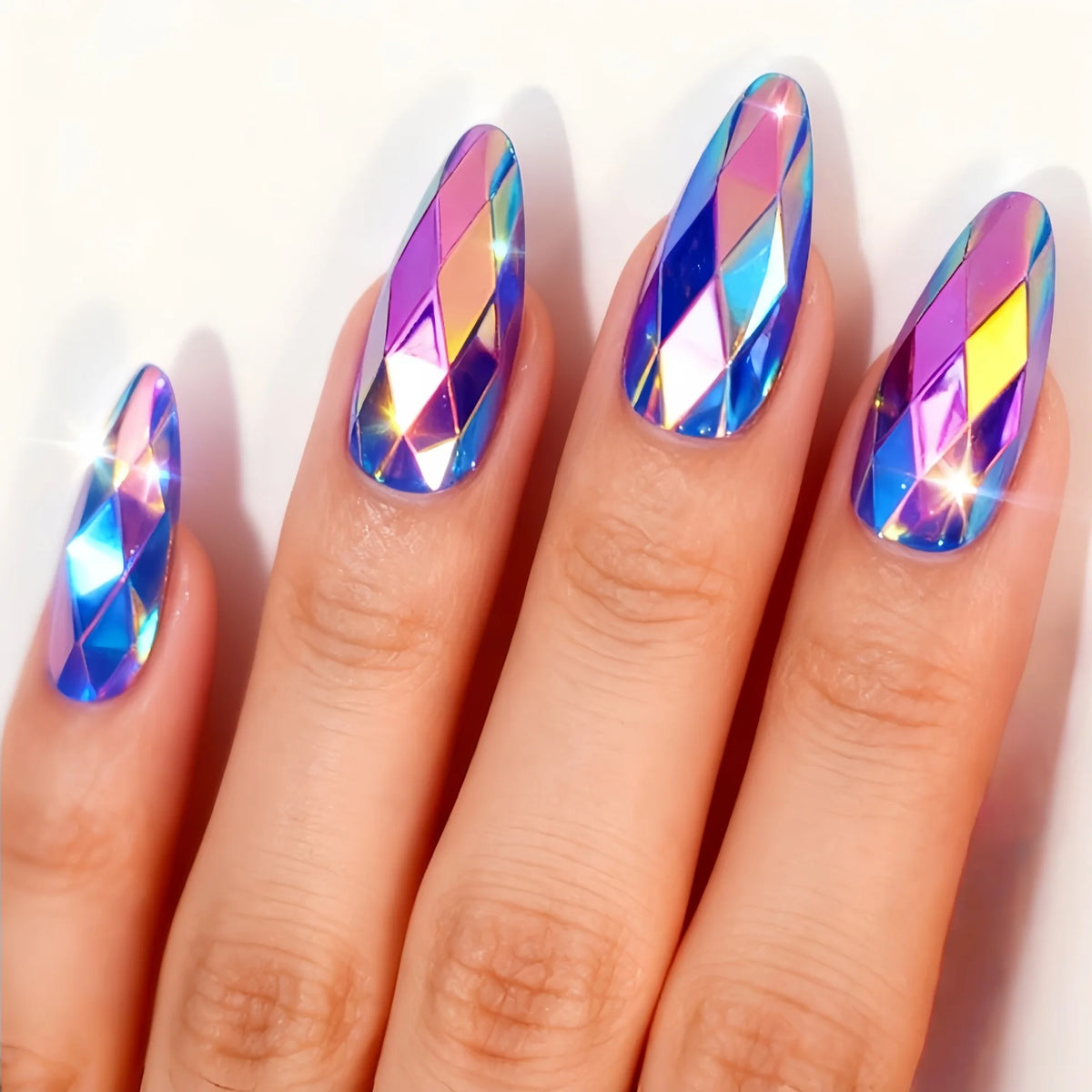 24pcs/set 3D Fake Nails for Women Girls Metallic Glossy Rhombus Purple Blue Green Aurora Almond Nail Tips Press On False Nails