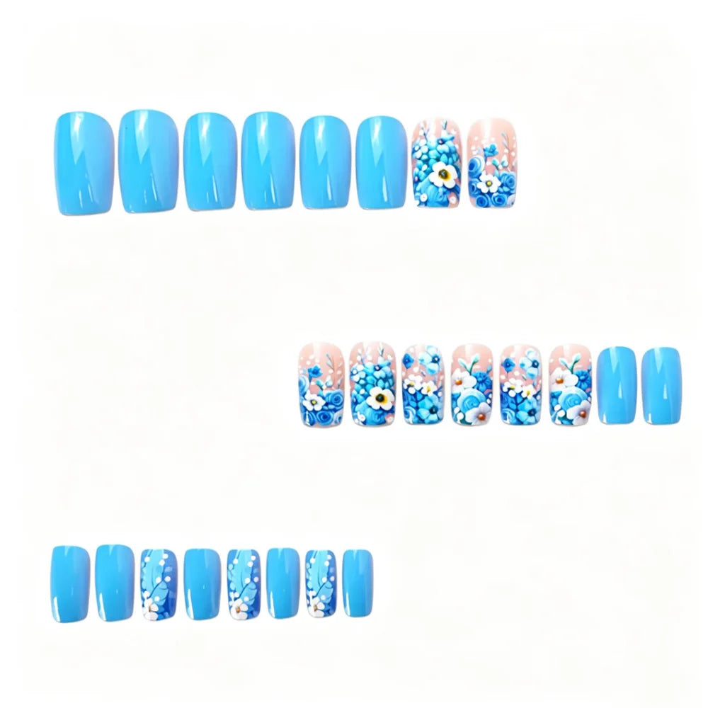 Medium fake nails for women girls Nude blue square nail tips with flowers printing full cover reusable press on false nail art