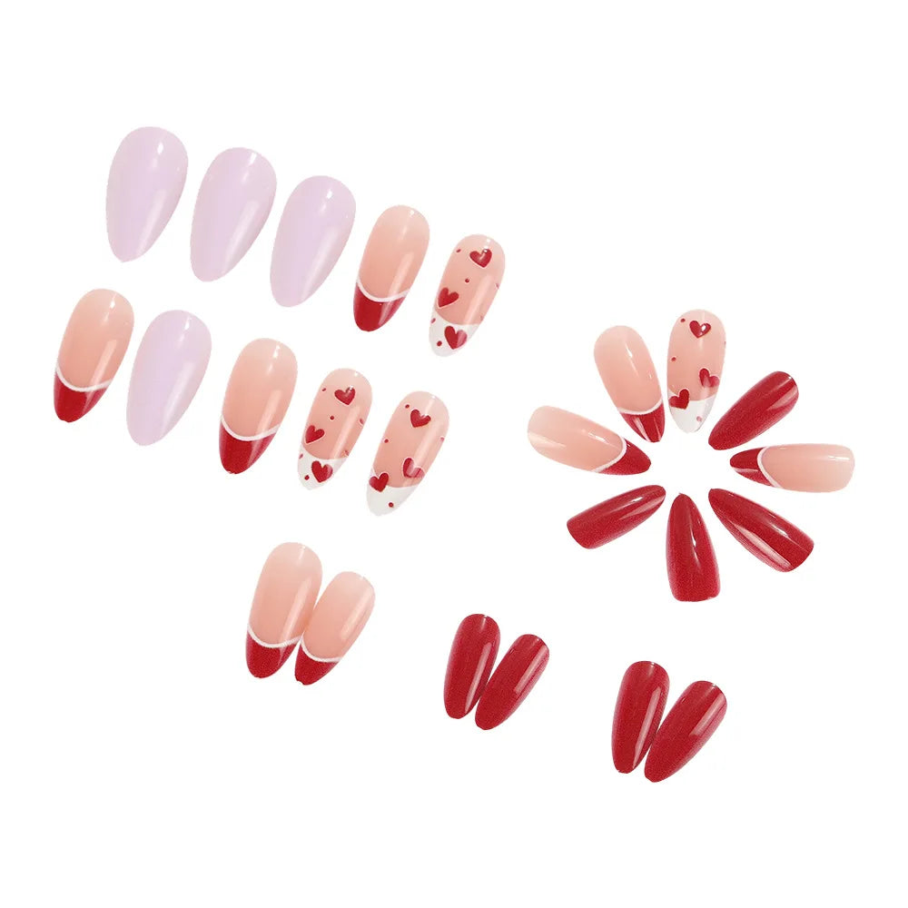 24pcs/set Fake Nails for Women Girls Chocolate Red Heart Design for Valentine's Day Almond Nail Tips Press On False Nail Art Set