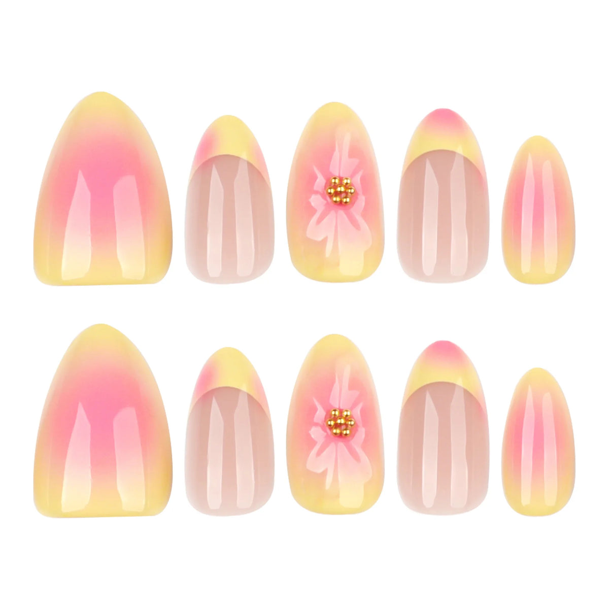 Short fake nails for women gilrs gradient orange pink 3D embossed flowers fruit design for Spring summer press on nails art