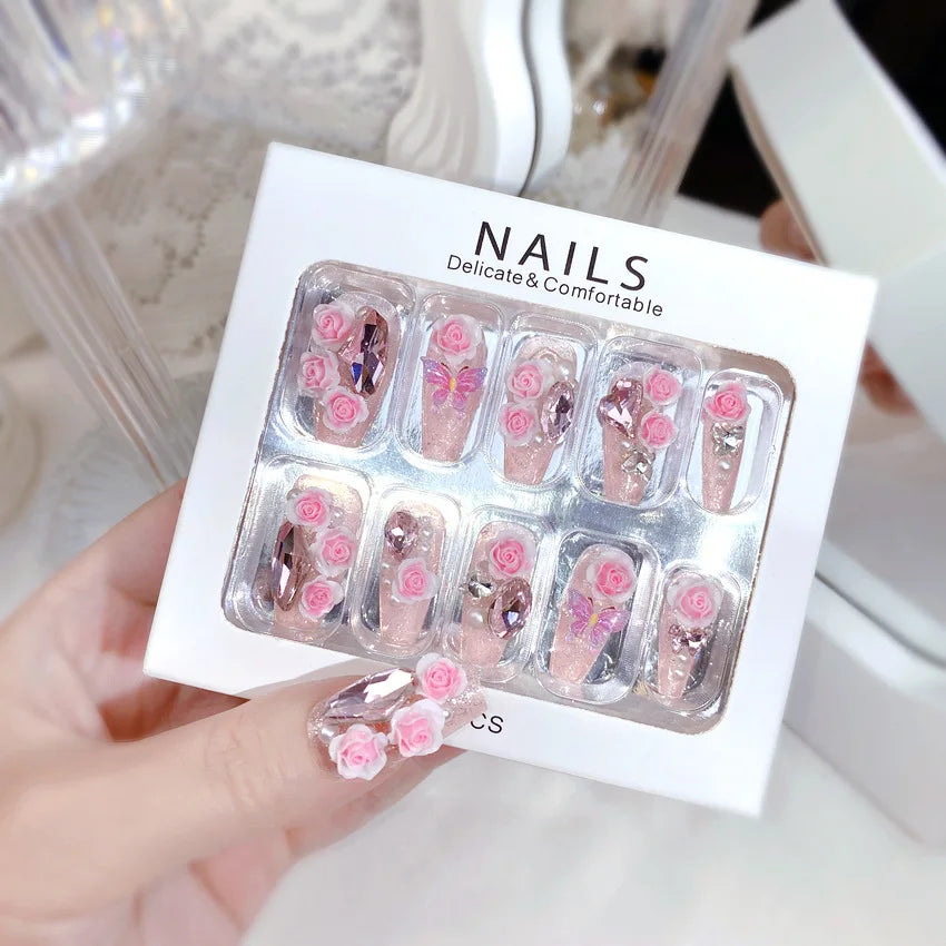 Pink 3D Flower & Metal Bow Press-On Nails – Almond, 24 Pcs