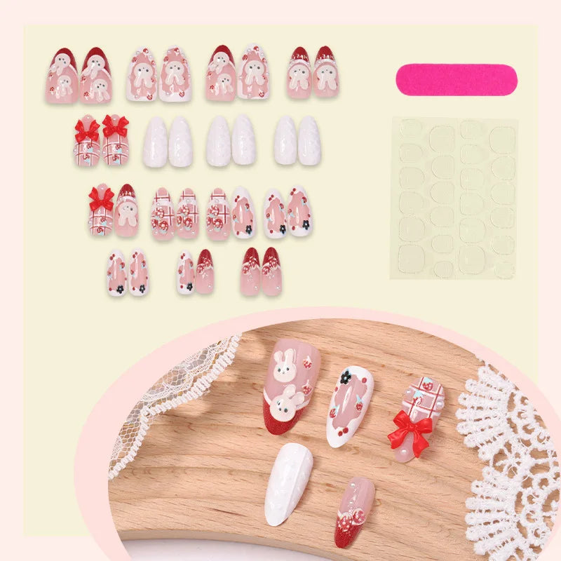 Rabbit & Strawberry Red French Press-On Nails – Almond, 30 Pcs