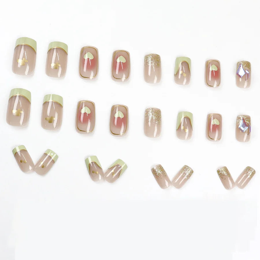 Short Medium fake nails for women girls french blue light green heart with sparking glitters for Valentine's Day press on nail