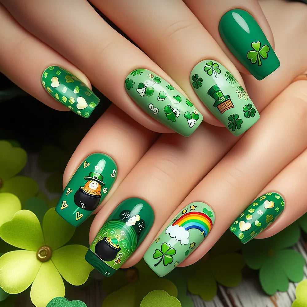 Medium fake nails for women girls green flora cute hat design for St. Patrick's Day Square almond shape press on false nail art