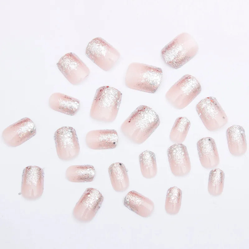 Short fake nails for women girls nude pink with Sparkling glitters design full cover square nail tips press on false nail art