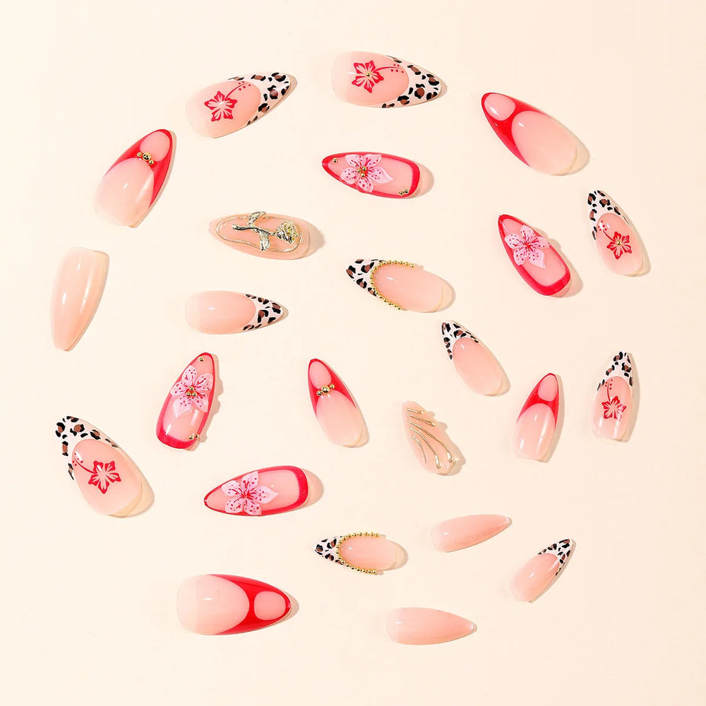 3D Pink Red Gold Flower Leopard Polka Dot French Almond Press-On Nails – Medium